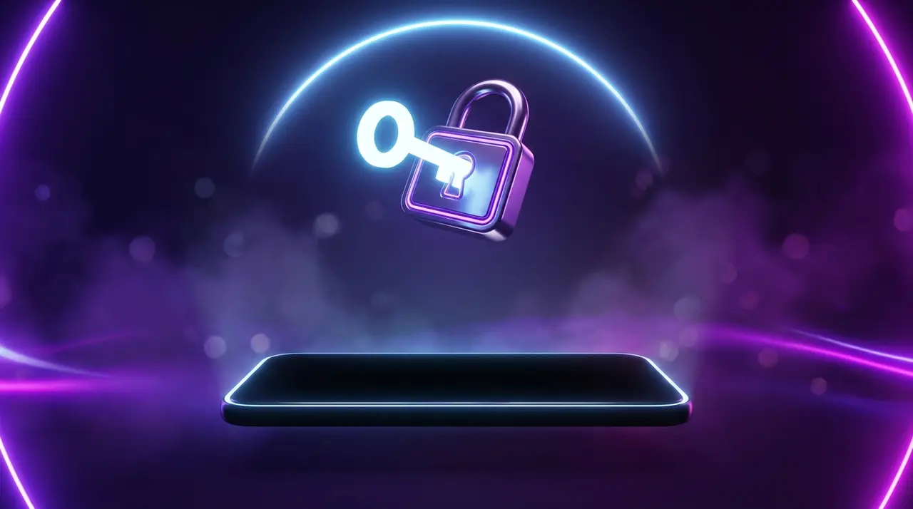 Замок с ключом над смартфоном в фиолетовом неоне