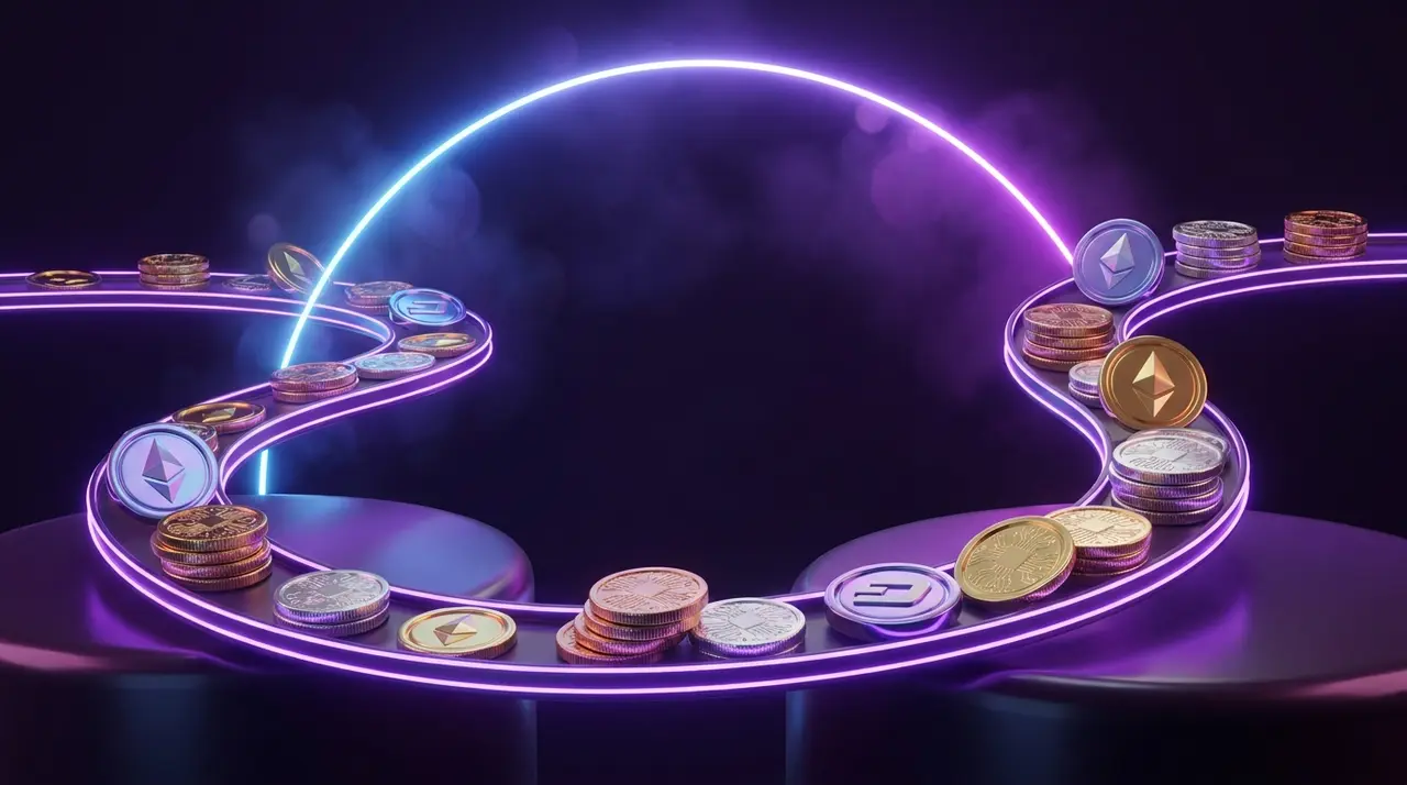 Монеты на светящейся дорожке между платформами